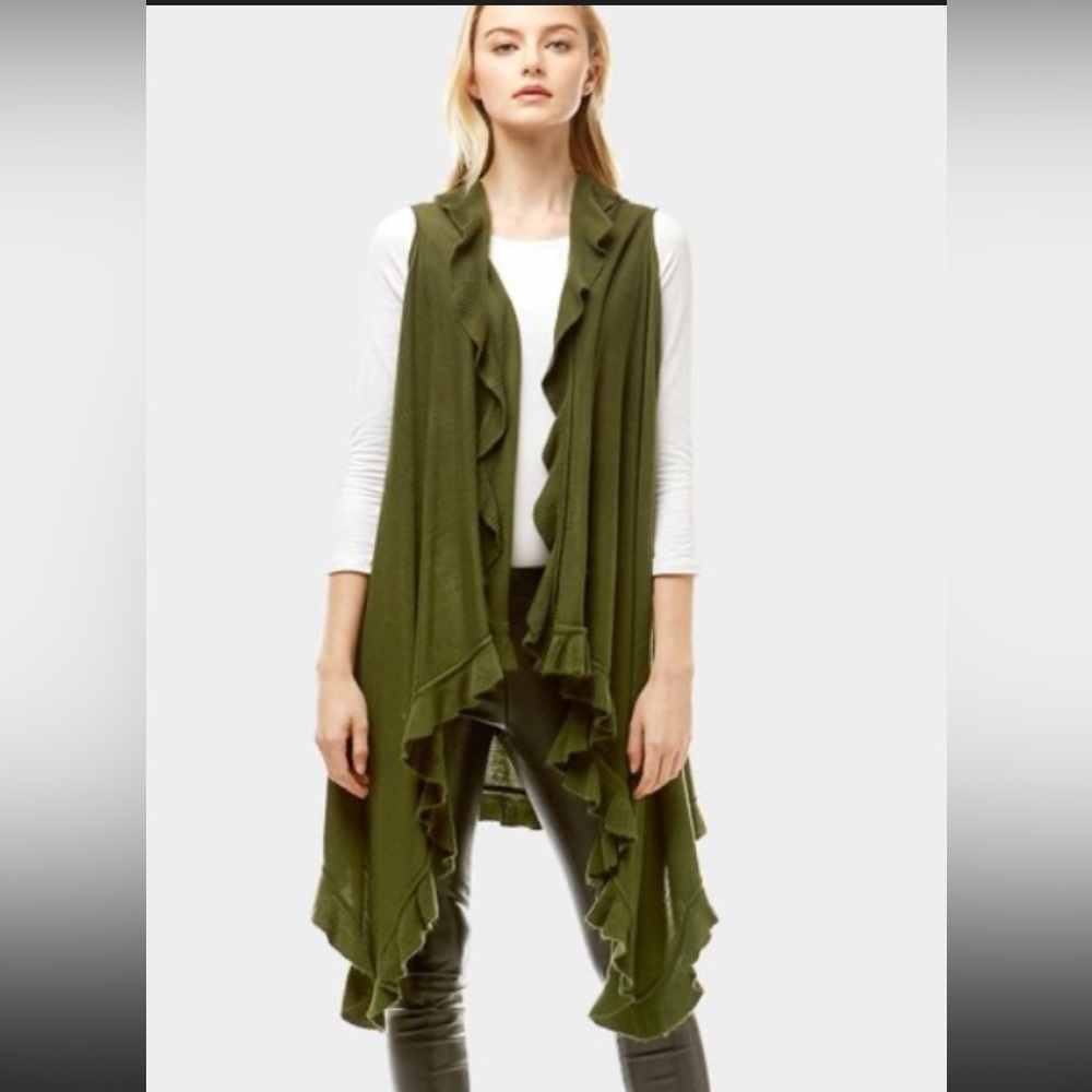Sunshine & Rodeos- olive green , sleeveless cardigan, ruffle trim